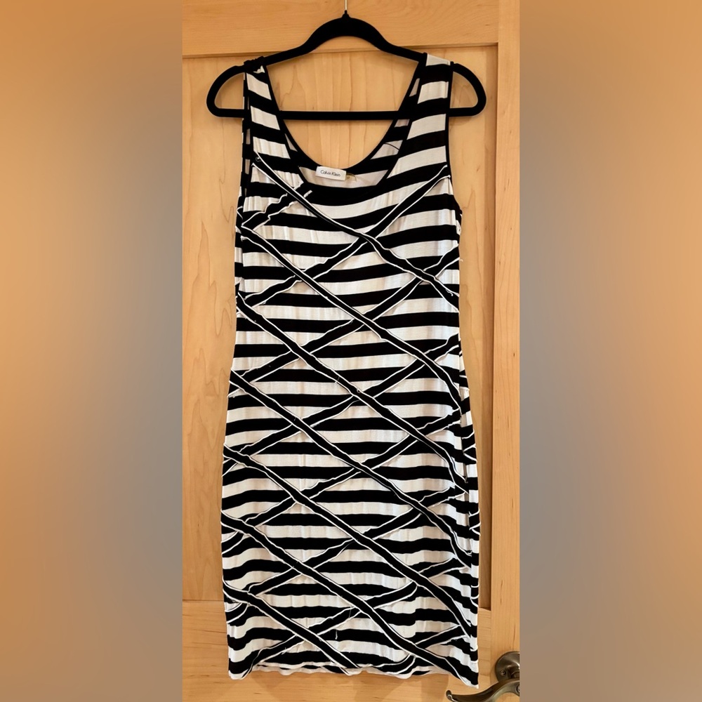 Calvin Klein Black and White Striped Midi Dress